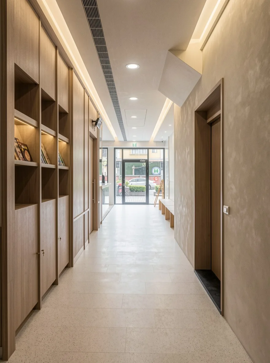 廣吉中醫候診廊道格柵書架展示牆全景